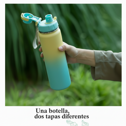 Mano sosteniendo botella térmica Chameo degradado azul amarillo en naturaleza
